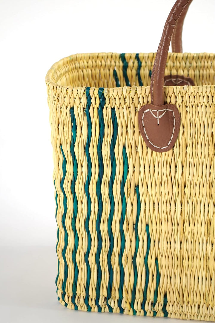 Kobolo Tasche Seegrastasche Korbtasche- Stripes - Lederhenkel - grünes Muster