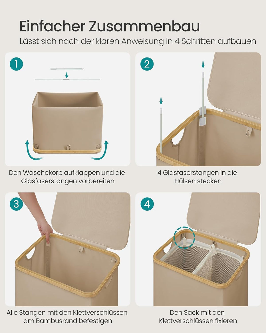 SONGMICS Wäschekorb mit Deckel, Wäschesammler mit 2 Fächern, 130 L, herausnehmbarer Wäschesack, Oxfo