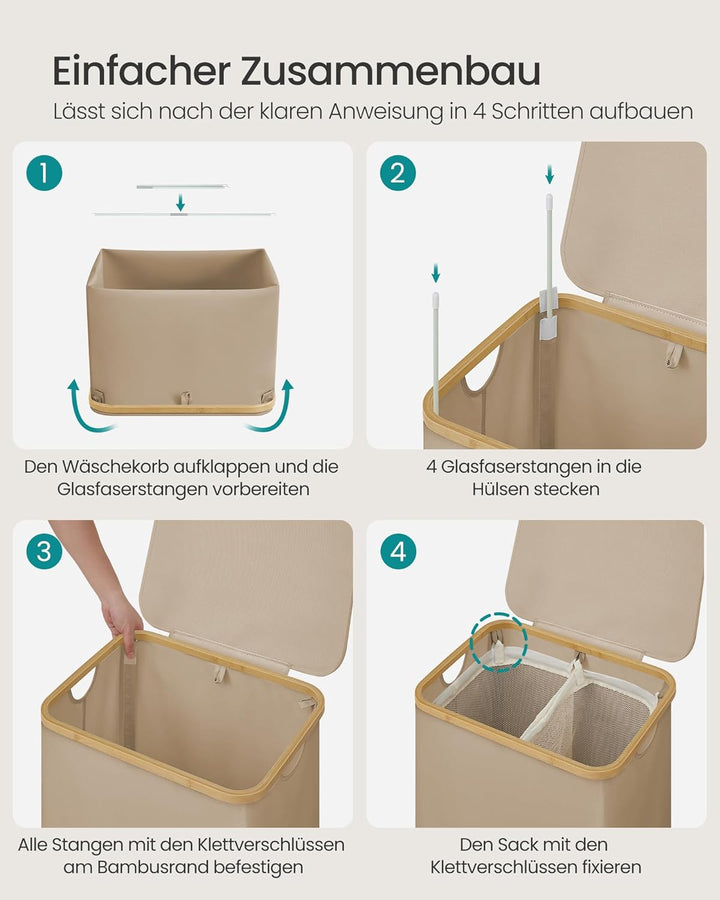 SONGMICS Wäschekorb mit Deckel, Wäschesammler mit 2 Fächern, 130 L, herausnehmbarer Wäschesack, Oxfo