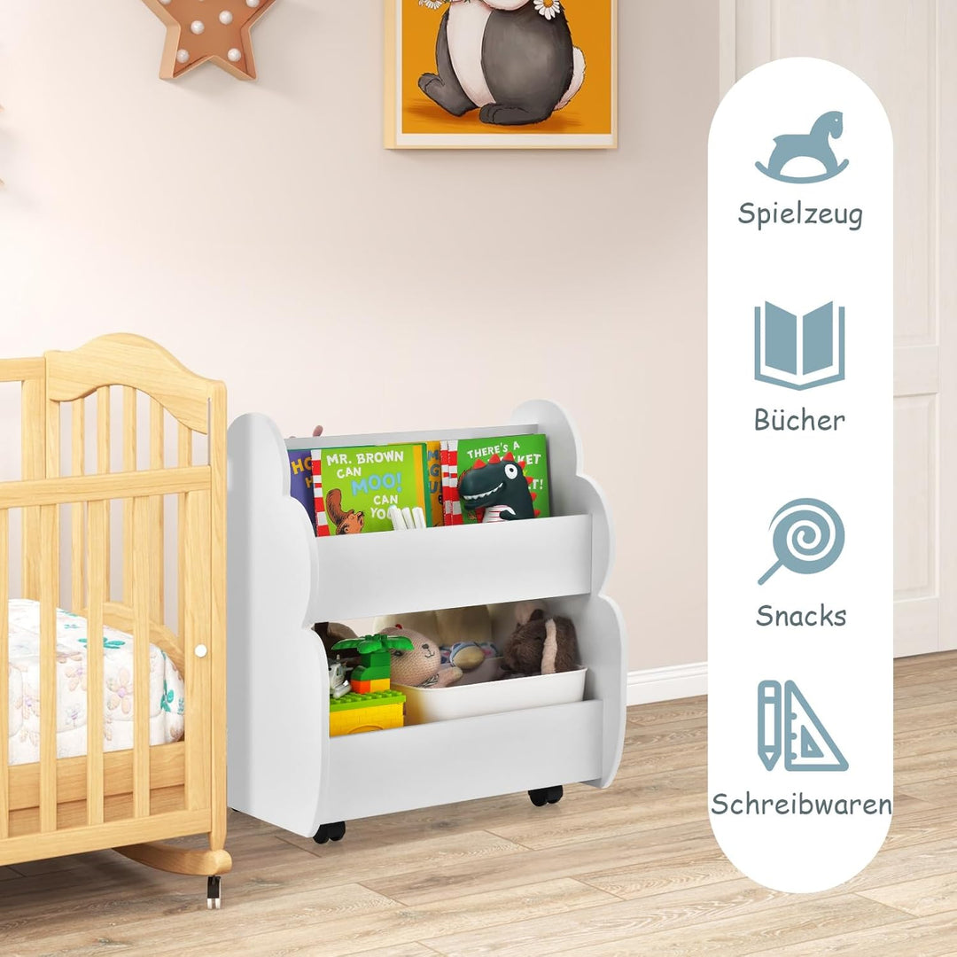 COSTWAY Kinder Bücherregal auf Rollen, 2 Ebenen Spielzeugregal aus Holz, 52 x 47 x 63,5 cm (Weiss),
