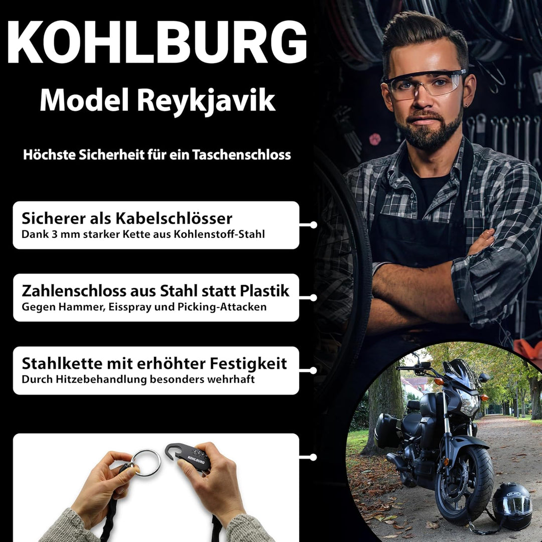 KOHLBURG sicheres Taschenschloss aus Kette & Zahlencode 129cm lang - robuste Sicherheit als Kinderwa