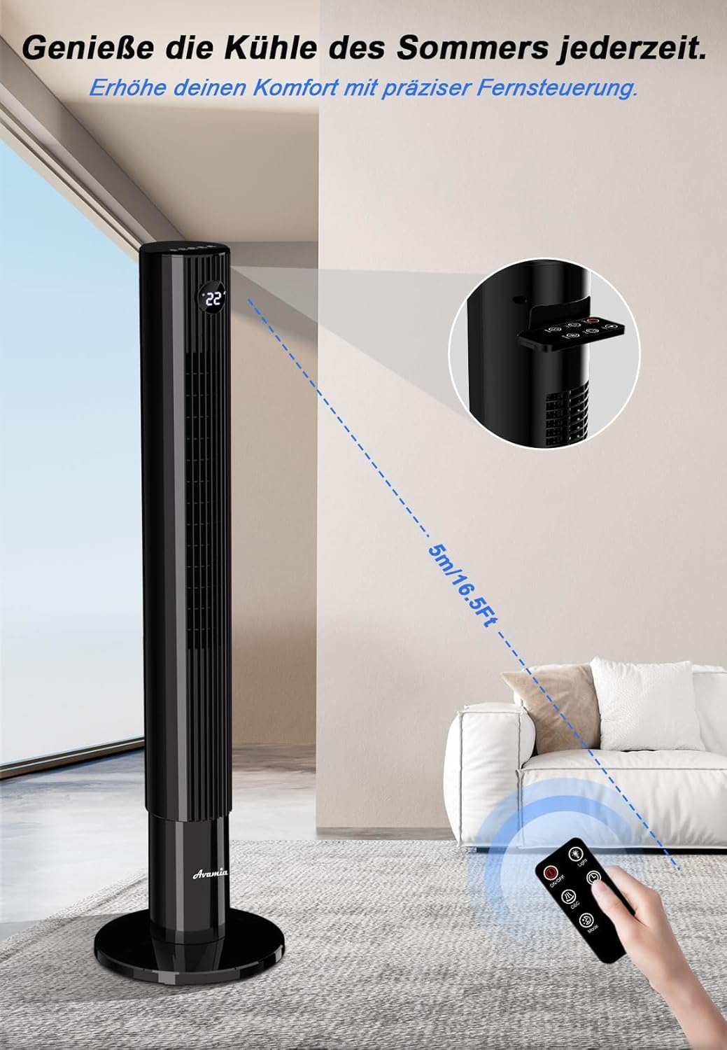 26dB Leiser Turmventilator, 110 cm Flügelloser Turmventilator, 7,8 m/s Luftstrom, 3 Geschwindigkeite
