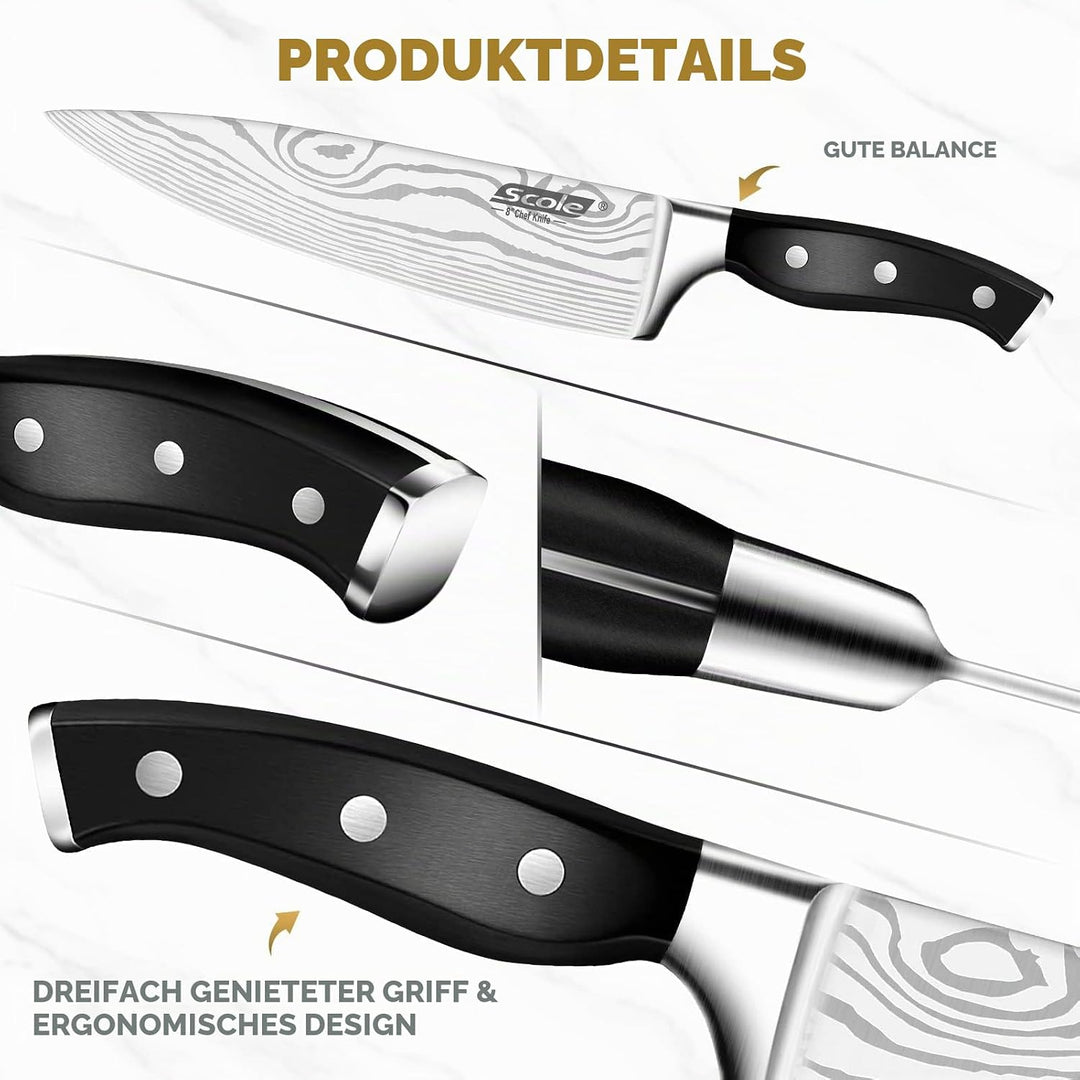 SCOLE® Messerset 3-teilig,Küchenmesserset aus deutschem 1.4116 Edelstahl | Scharfe Messer Set mit Kü