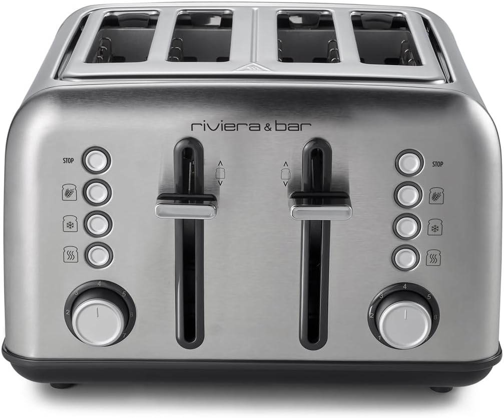 riviera&bar 4-Scheiben-Toaster aus Edelstahl, 1800 W – 5 Bräunungsstufen, Auftau- und Aufwärmfunktio