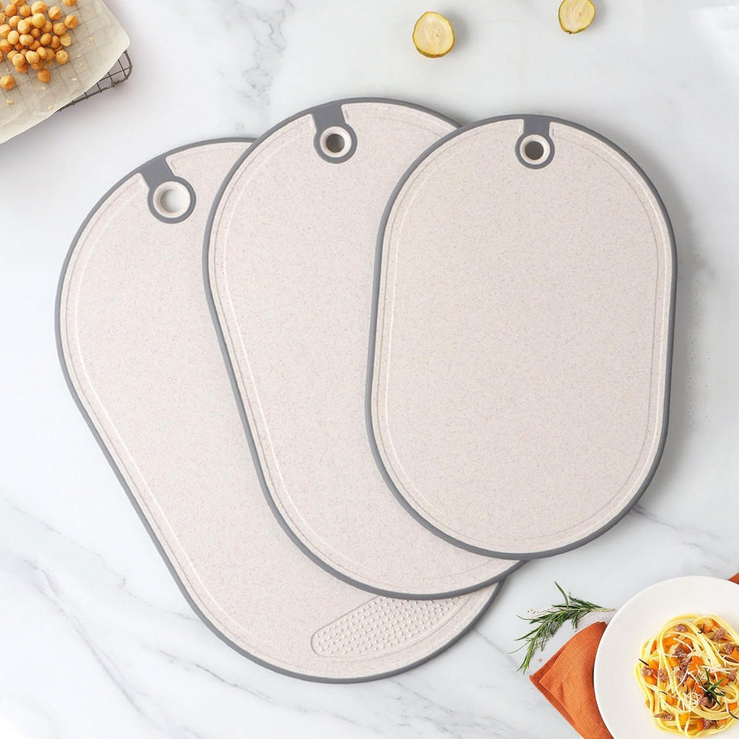 Schneidebrett 3 Stück Weizenstroh Schneidbrett Cutting Board mit Saftrillen Rutschfeste Griffe Hänge