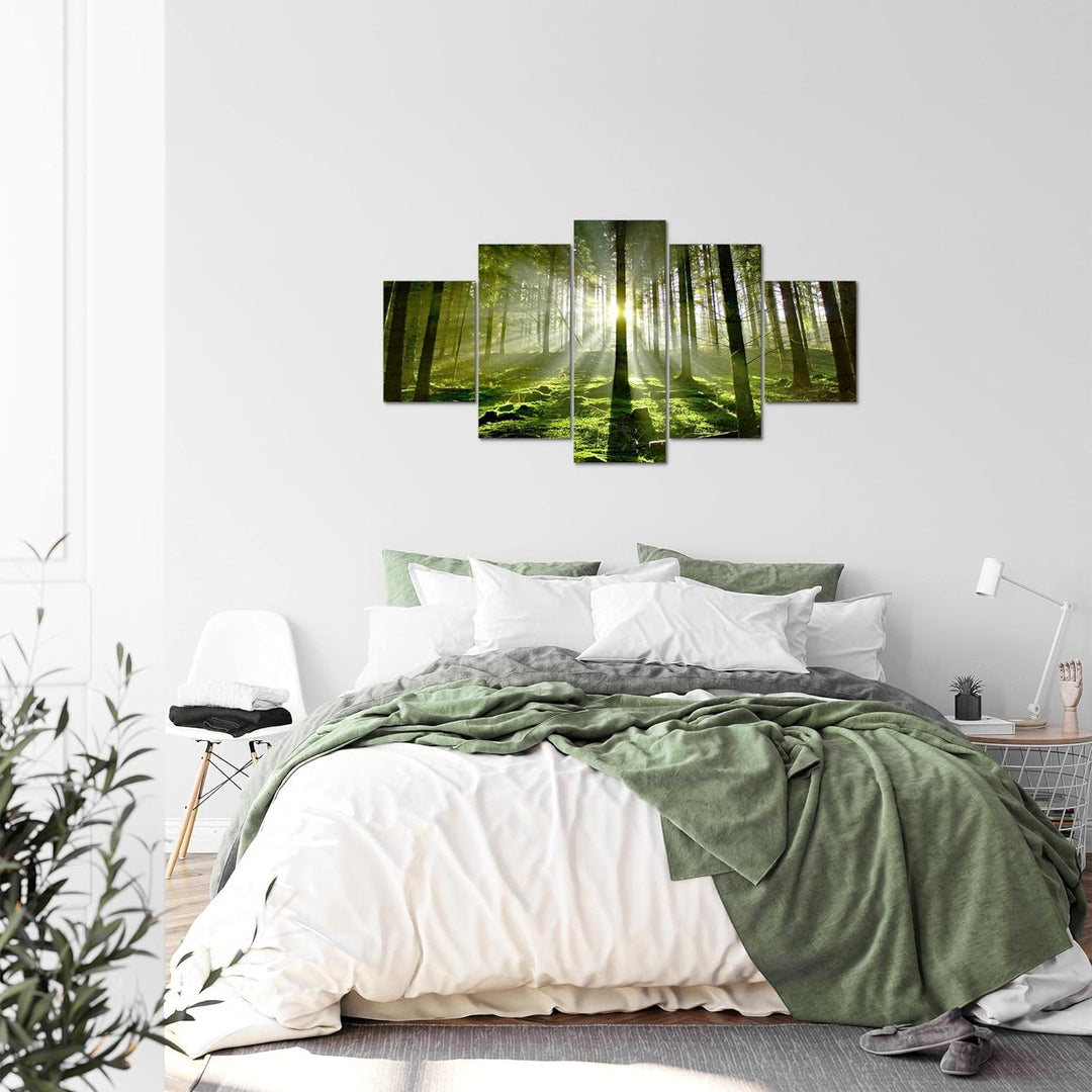 Runa Art Bild Schlafzimmer Wohnzimmer Wald Landschaft 5 Teilig Sonne Grün Wandbilder auf Vlies Leinw