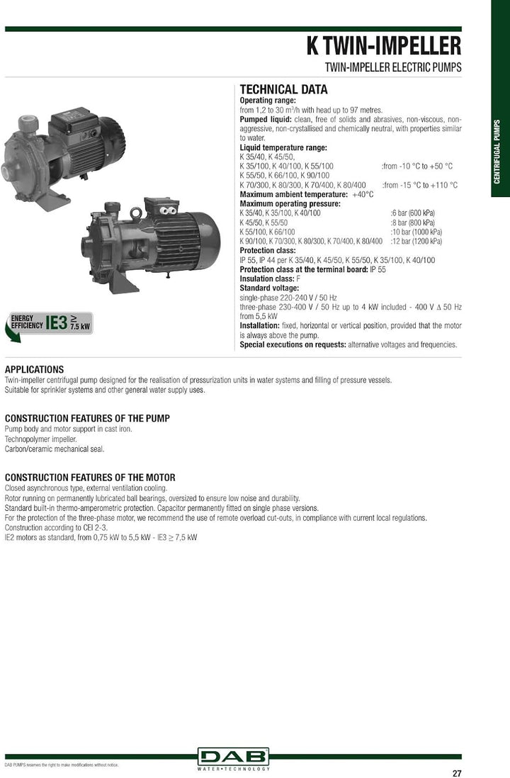 DAB K 45/50 T 1,5 HP 3 x 230-400 V ~ 3-Phasen-Kreiselpumpe zur Herstellung von Druckgruppen, Bewässe