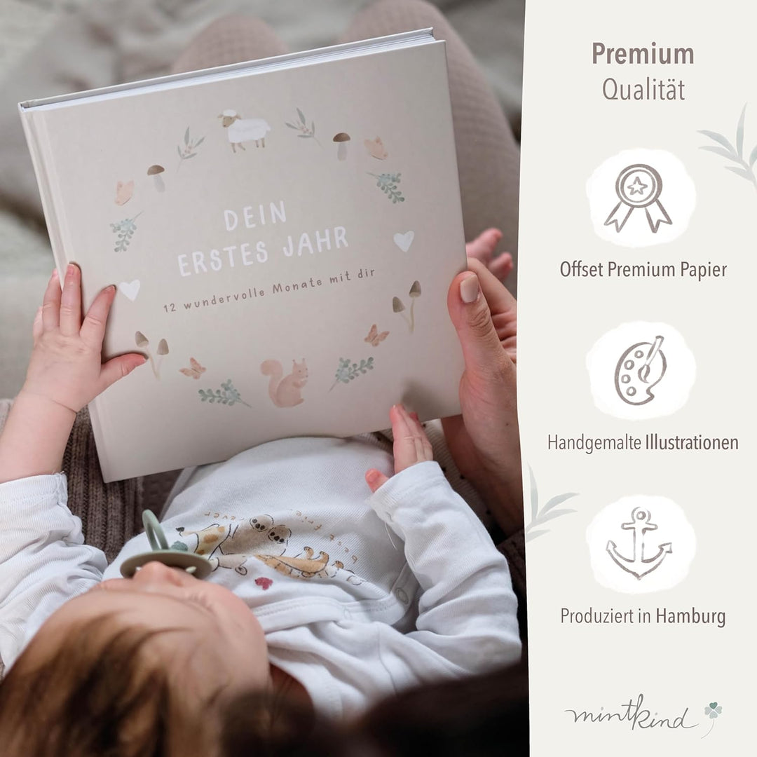 mintkind® Babyalbum "Mein erstes Lebensjahr" Wald + Sticker Set | Baby Fotoalbum zum Selbstgestalten