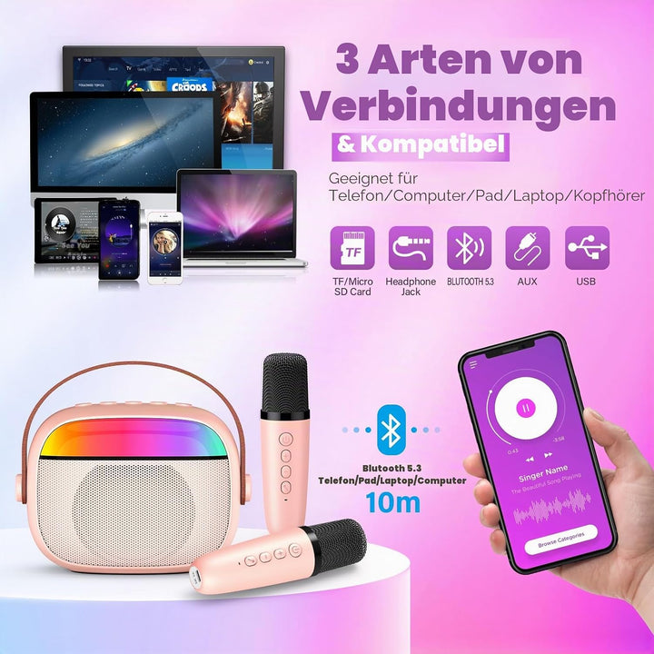 Karaoke Maschine mit 2 Mikrofon Kinder, Geschenk Mädchen 3-12 Jahre Mini Karaoke Mikrofon Kinder Mäd