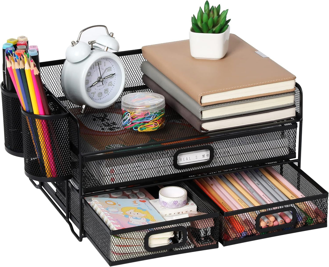 Vikmyer 3-Trays Desktop Organizer mit Schublade, Mesh Büro Schreibtisch liefert Organizer Dokumenten