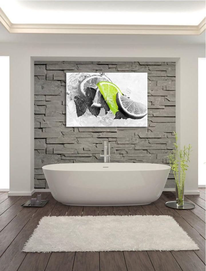 Minze mit Limetten im Eis schwarz/weiss Format: 100x70 auf Leinwand, XXL riesige Bilder fertig gerah