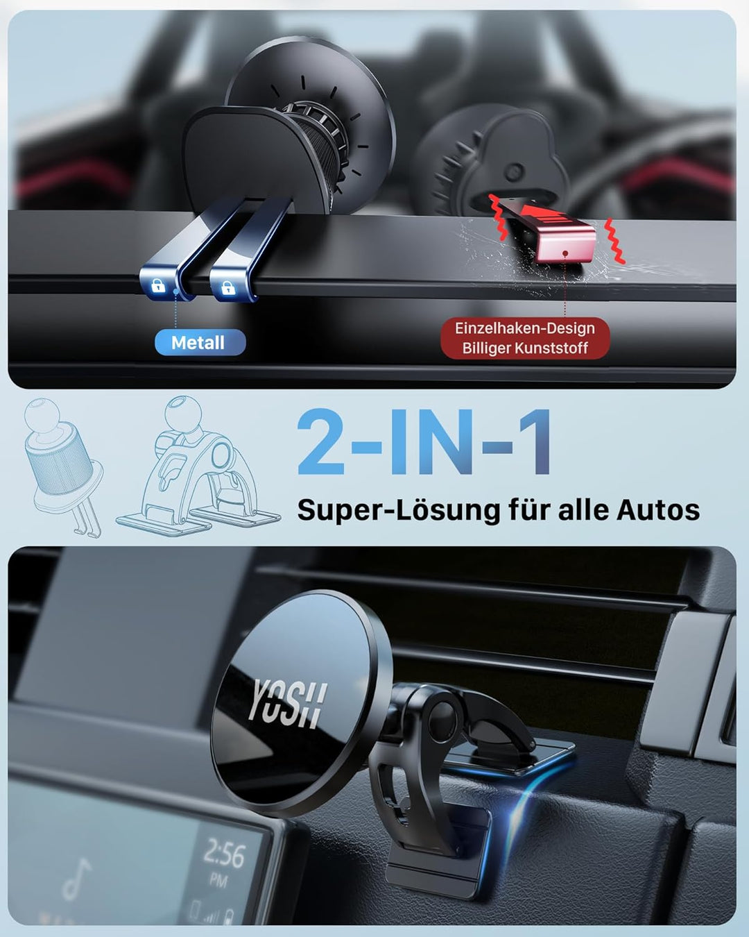 YOSH für Magsafe Autohalterung mit Ladefunktion 15W, [Metall-Doppelhaken & 3M-Basis] Handyhalterung