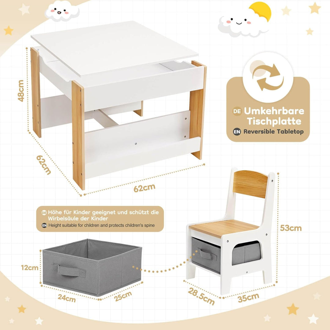 Yorbay Kindertisch mit 2 Stühle, Kindermöbel Set aus Holz mit Stauraum und Bücherregalen, 3 in 1 Mal