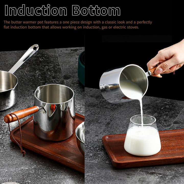 Tissting 2PCS450ML Mini Topf Kaffeekanne, Holzgriff Kleine Sossentopf Stielkasserolle Topf Butterwär