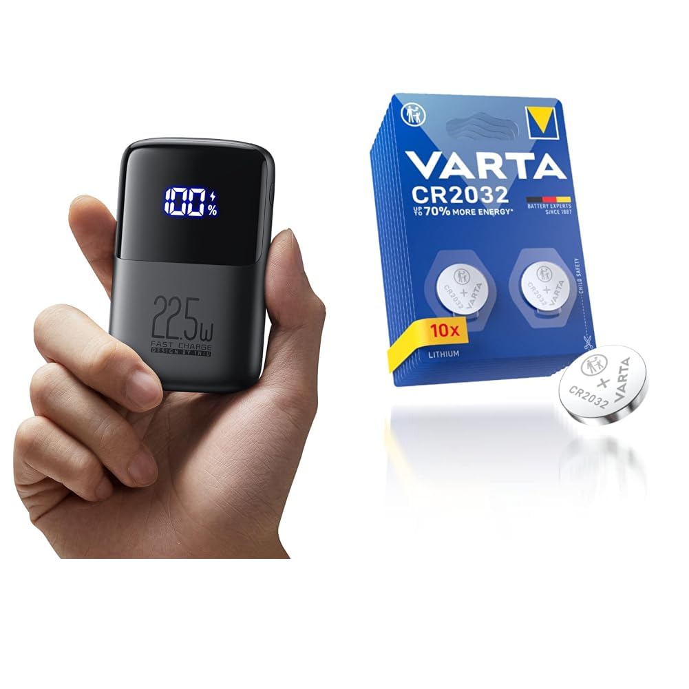 INIU Power Bank, 22.5W Fast Charging 10000mAh PowerBank & VARTA Batterien Knopfzellen CR2032, Lithiu