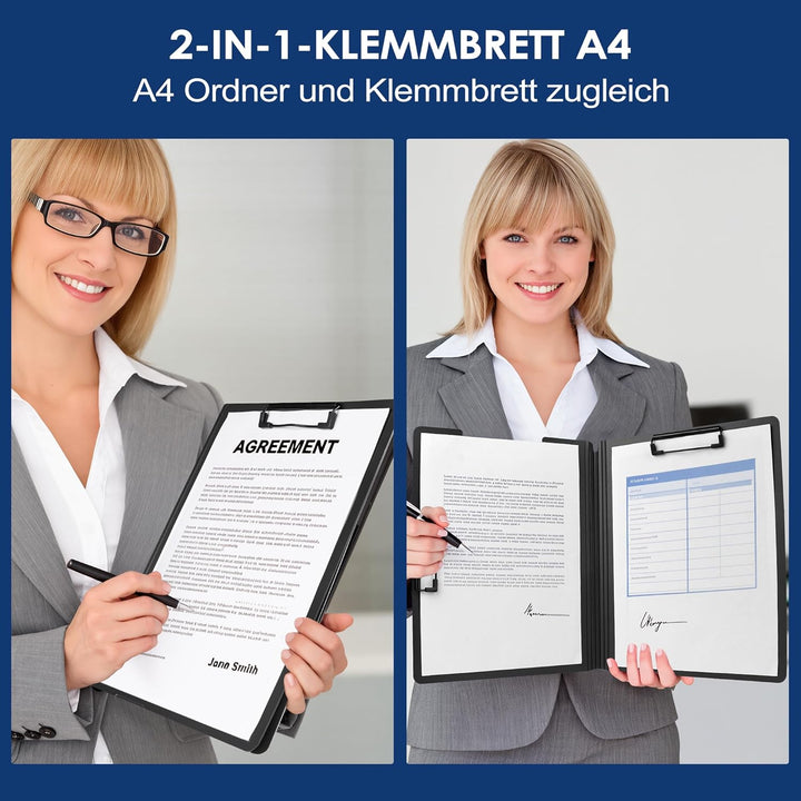 2er Pack Klemmbrett A4, Schreibmappe A4 mit 2 Klemmen, Klemmbrett mit Deckel, Klemmbretter für Büro,
