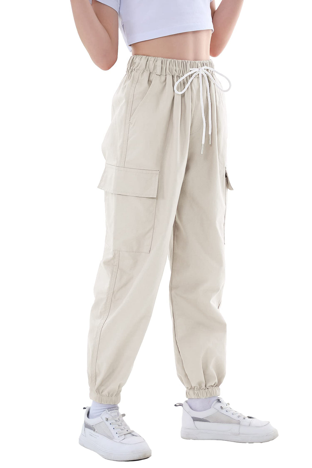 Rolanko Kinder Cargo Hose Elastische Taille Jogger Tanz Hose für Mädchen Streetwear Hip Hop, Beige 1