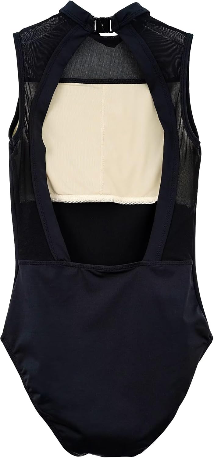 s.lemon Nackennetz Rückenfrei Gymnastik Trikots Ballett Tanz Trikots für Damen,mit BH Pad L Schwarz,