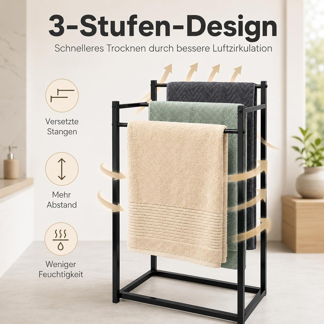 Handtuchhalter Freistehend Schwarz - Handtuchständer ohne Bohren mit 3 Stangen, Verstärkte Konstrukt