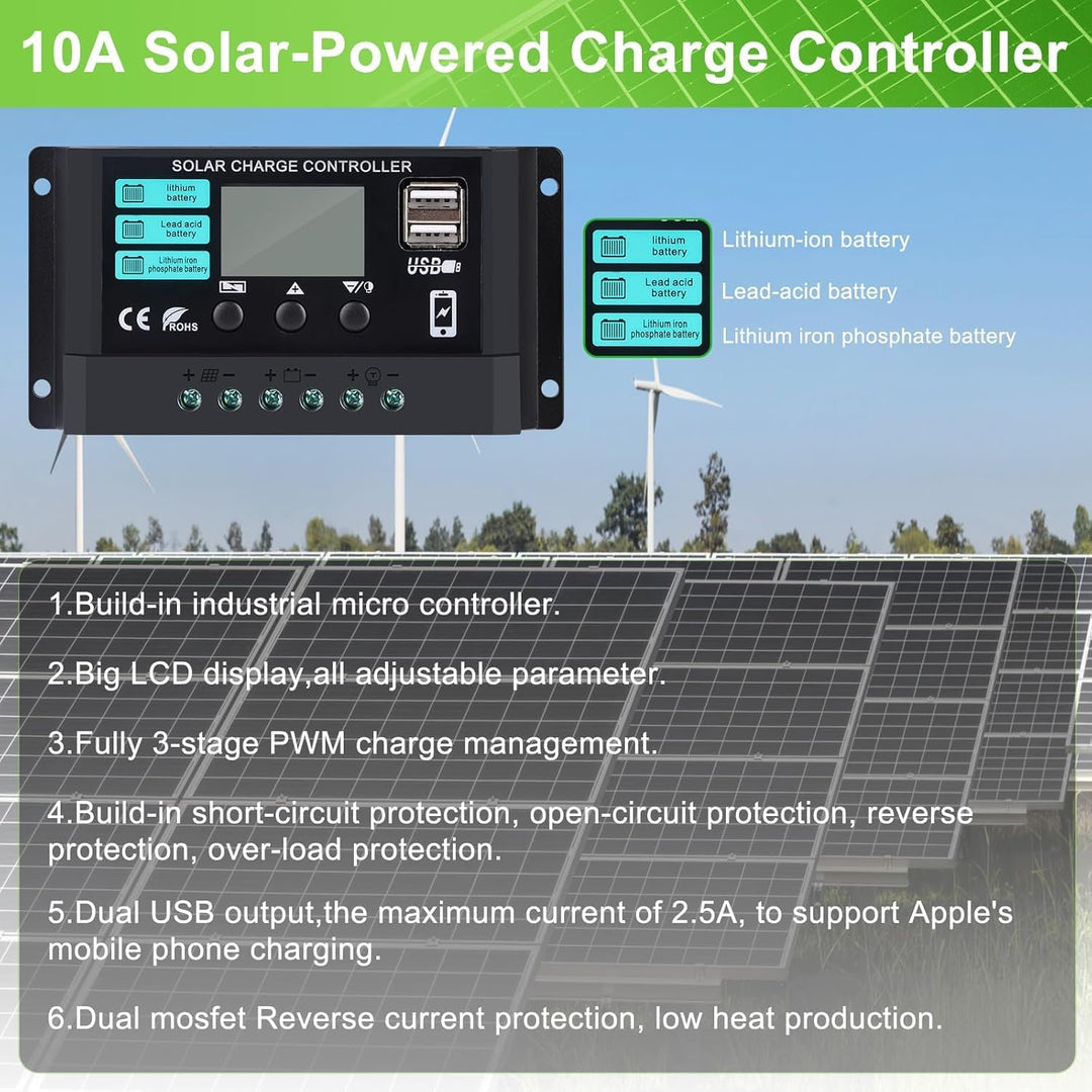 50W Solarpanel 12V Kit: 2x25W Monokristallines Photovoltaik Solarmodul mit 10A Laderegler, 2Pcs Verl