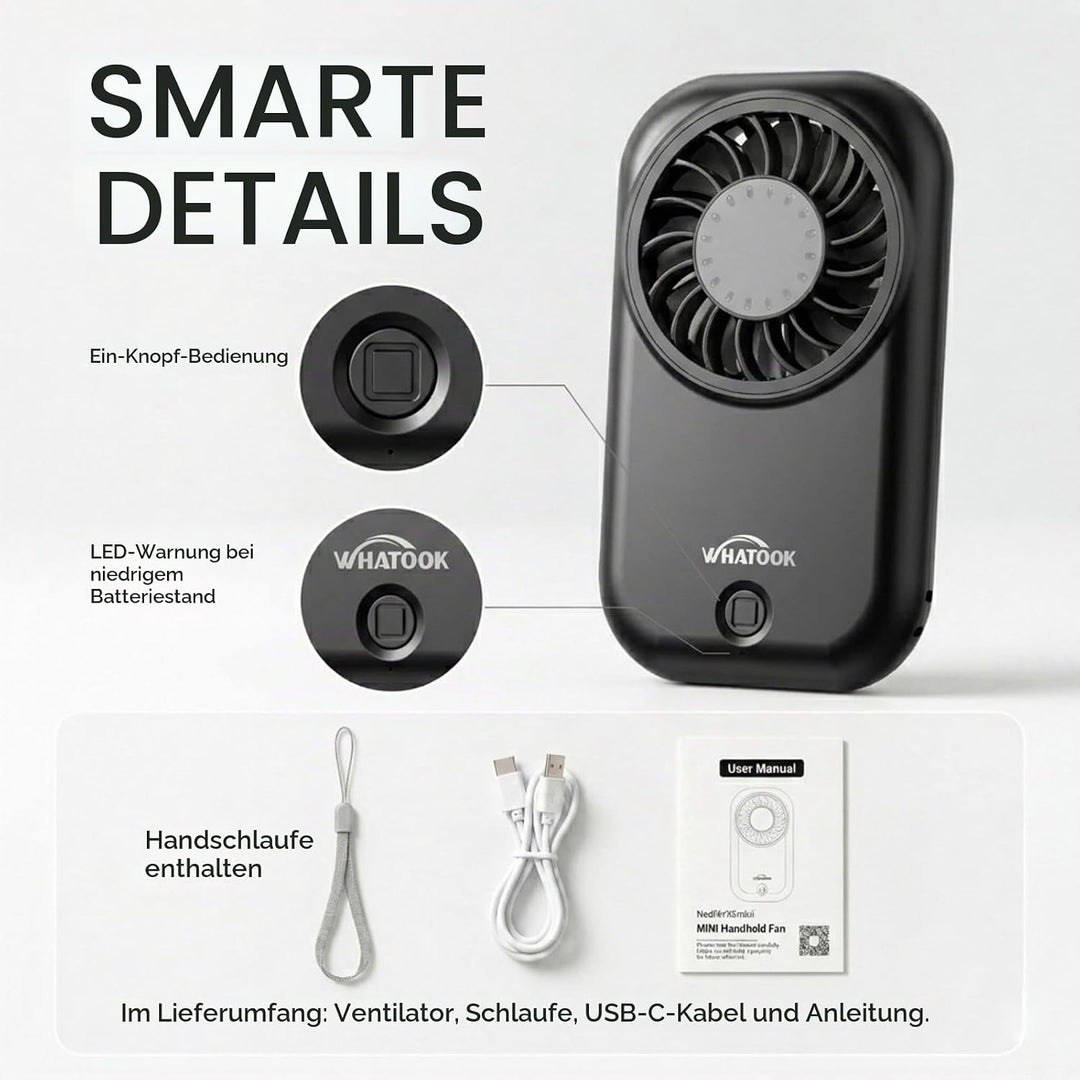 WHATOOK Mini Handventilator: 56g Ultra-Leicht Tragbarer, 11000 U/min Starker Handlüfter mit 5 Geschw