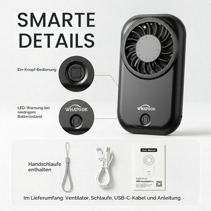 WHATOOK Mini Handventilator: 56g Ultra-Leicht Tragbarer, 11000 U/min Starker Handlüfter mit 5 Geschw