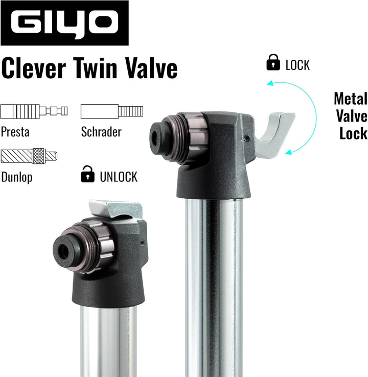 GIYO GM-45CT Mini-Fahrradpumpe, 2-Stage Hochvolumen (80cc) / Hochdruck-Alu-Pumpe (7 bar) für Mountai