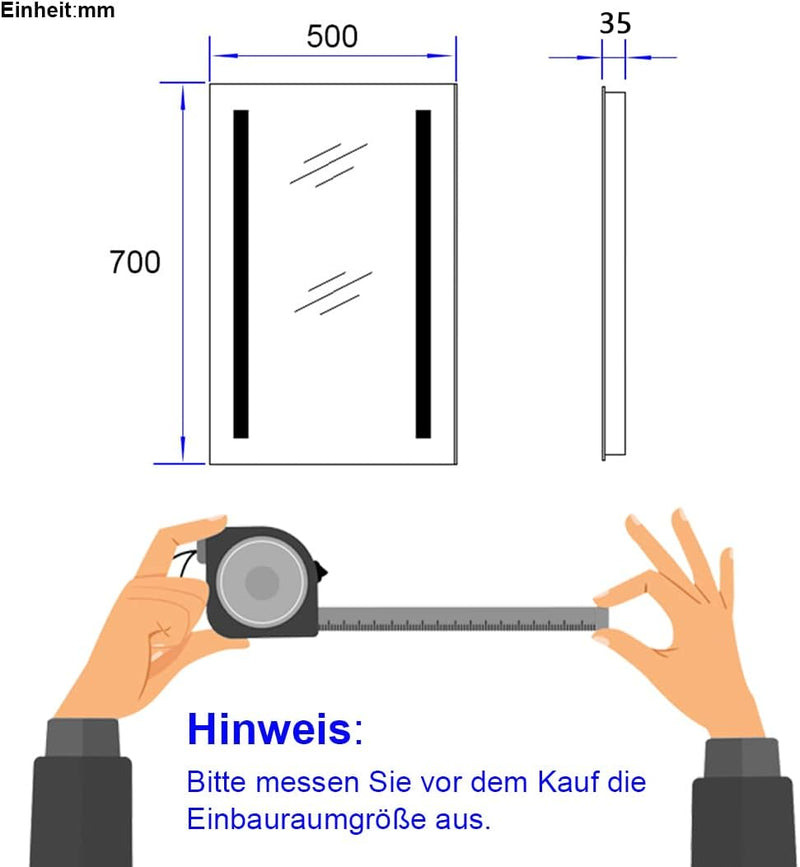 EMKE LED Badspiegel mit Beleuchtung 50x70cm Badezimmerspiegel kaltweiss Lichtspiegel Wandspiegel IP4