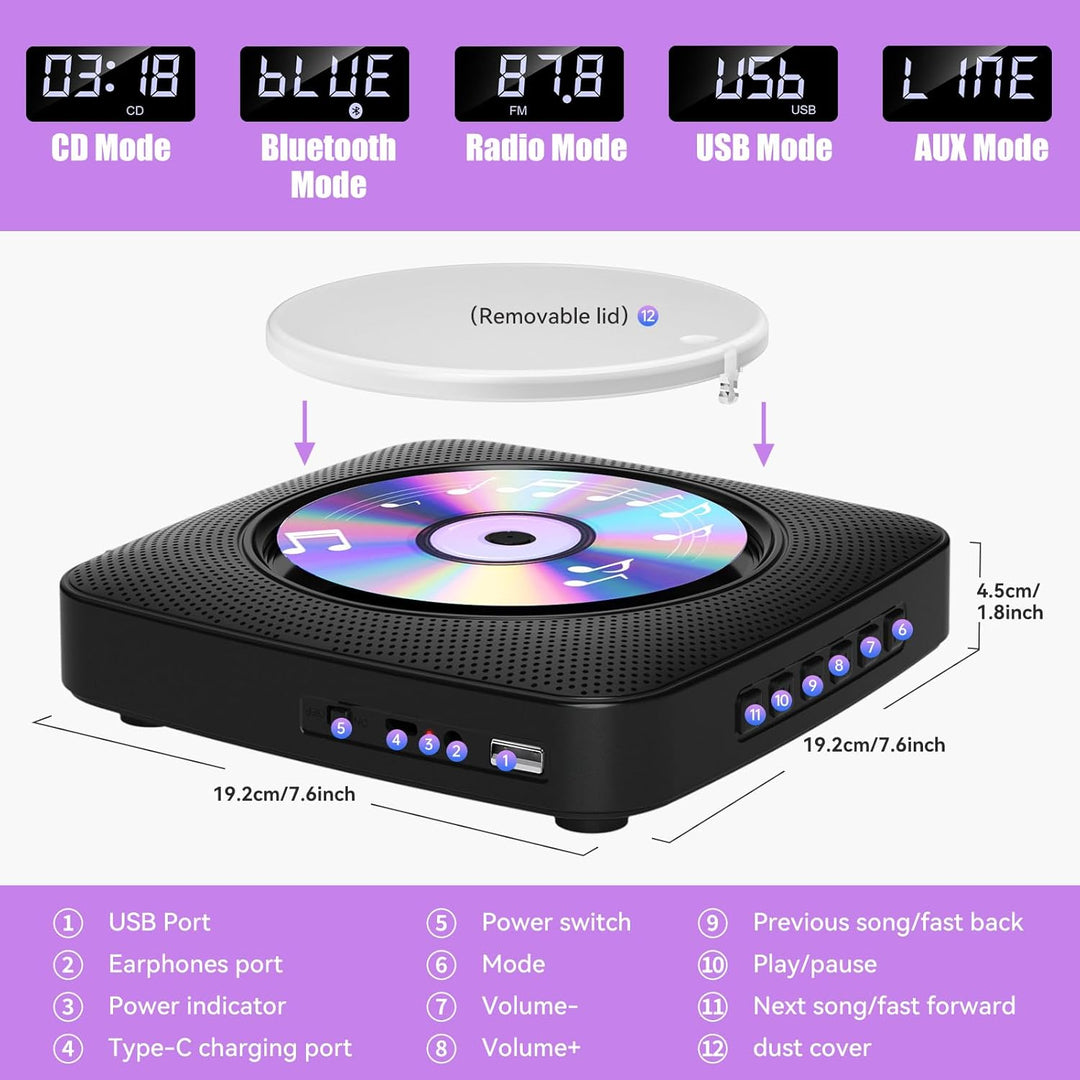Gueray Desktop CD Player Bluetooth CD-Spieler mit Lautsprechern für Zuhause 1800mAh Tragbarer CD-Pla