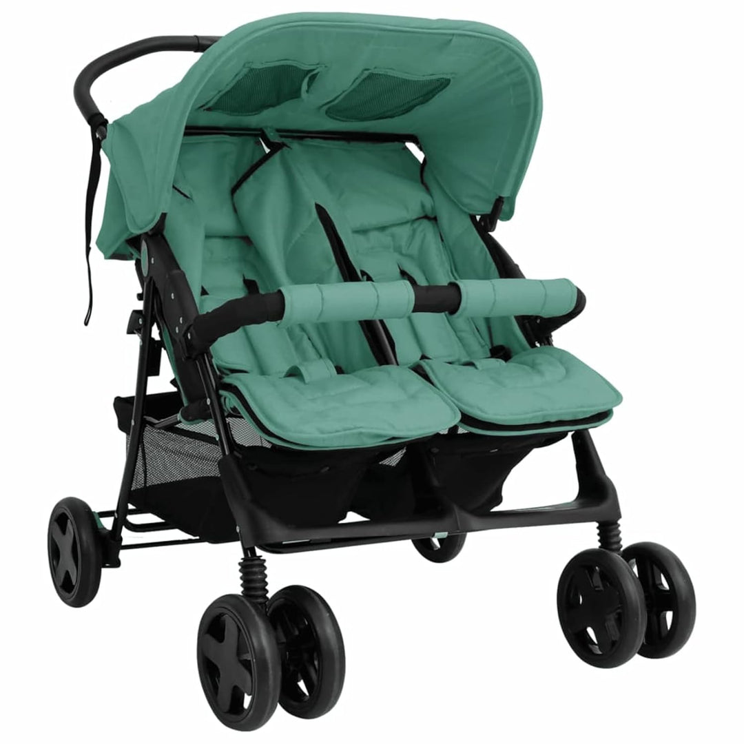 Tidyard Geschwisterwagen Zwillingswagen Doppelkinderwagen Zwillingsbuggy Kinderwagen Stahl Grün, Grü