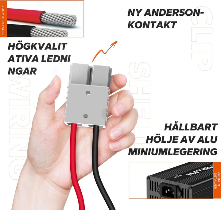 LiTime 12V 10A Batterieladegerät 14,6V AC-DC LiFePO4 Lithium-Batterie-Ladegerät mit Anderson-Anschlu