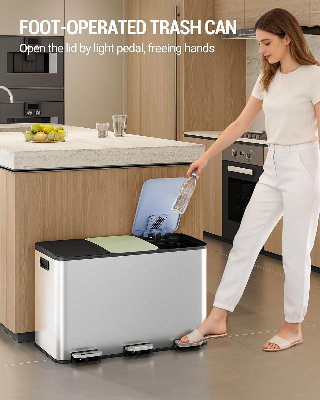 Hzuaneri Mülleimer Küche, 3 x 15 L, Mülltrennsystem 3 Fächer, Mülleimer mit Farbigem Soft-Close-Deck