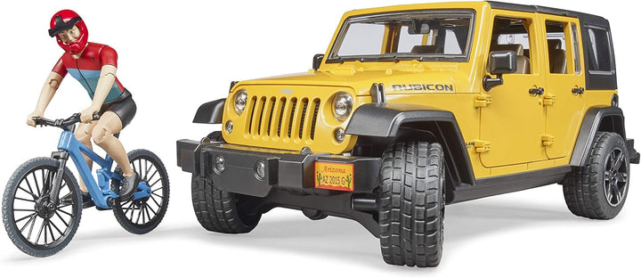 bruder 02543 - Jeep Wrangler Rubicon Unlimited mit Mountainbike & Radfahrer- 1:16 Geländewagen Fahrr