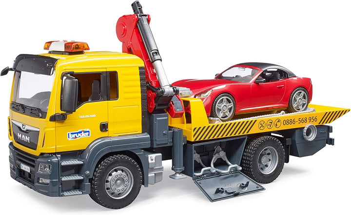 bruder 03750 - Man TGS Abschlepp-LKW mit Roadster, Light & Sound Modul - 1:16 Abschlepper Abschleppw
