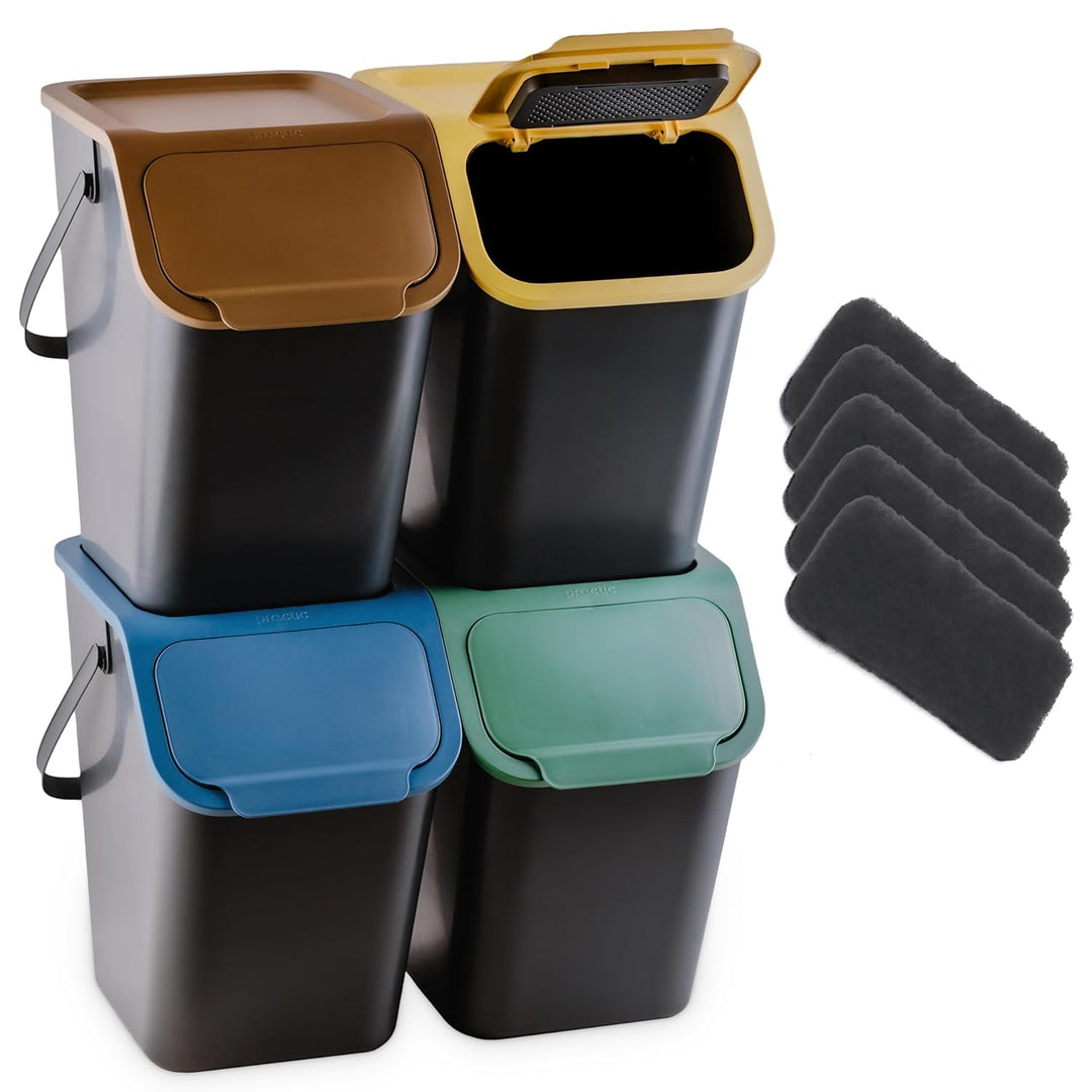 Go Practic Mülleimer Set 4 Stück 25L Mit Deckel Kohlefilter Click-Function Abfalleimer Mülltrennsyst