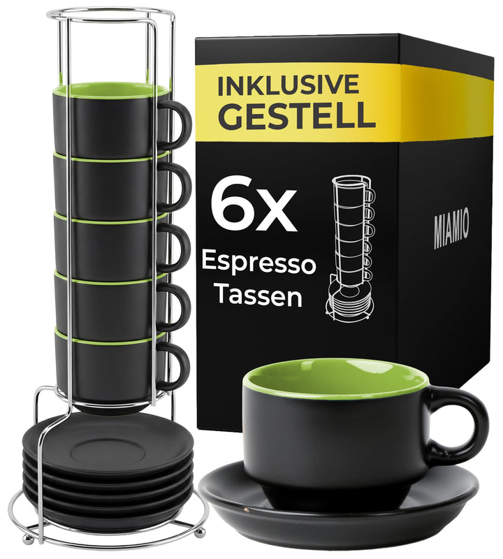 MIAMIO - 6 x 75 ml Espressotassen Set/Espresso Tassen Set mit Untertasse & Ständer - Kaffeetassen Se