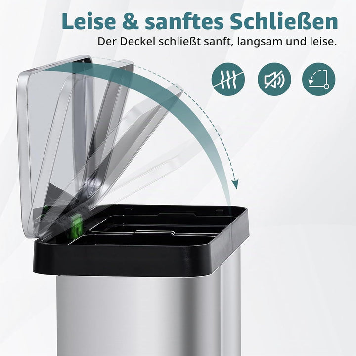 Mülleimer Küche,2 x 36 L Mülltrennsystem Edelstahl Mülleimer 2 fächer tretmülleimer Doppeldeckel mül