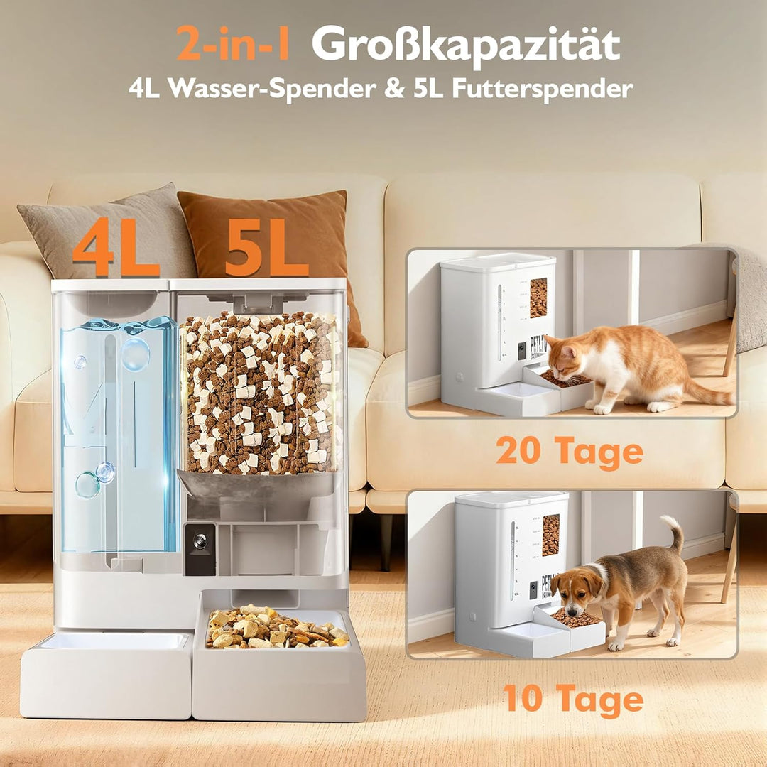 Futterautomat Katze 2 Näpfe mit APP,2K-Kamera 5L Katzenfutter Automat mit 5G/2,4G WiFi,Zwei-Wege-Aud