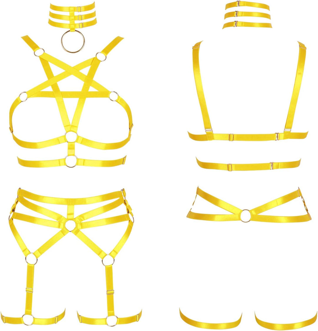 Damen Body Harness Pentagramm BH Set Punk Strumpfband Bein Taille Tanz Elastic Gothic Carnival Zubeh