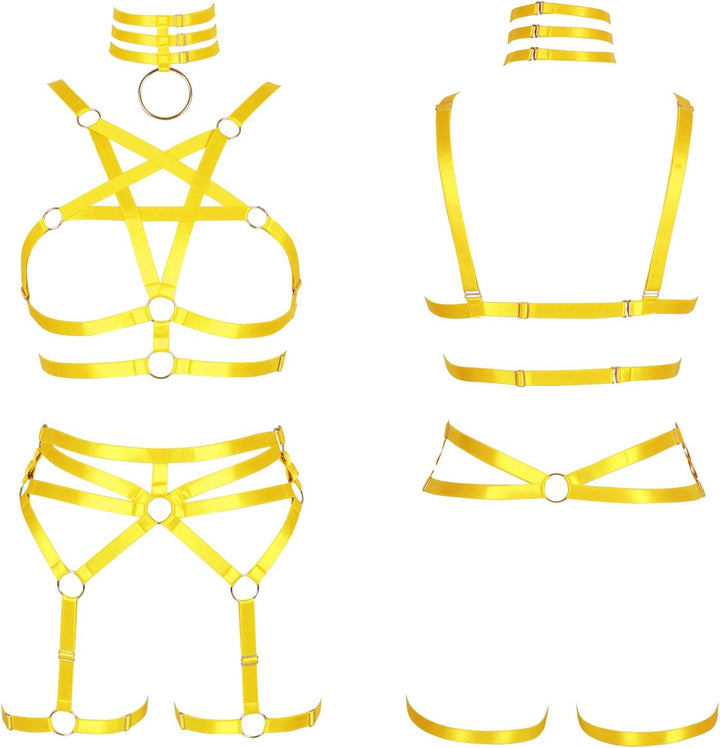Damen Body Harness Pentagramm BH Set Punk Strumpfband Bein Taille Tanz Elastic Gothic Carnival Zubeh