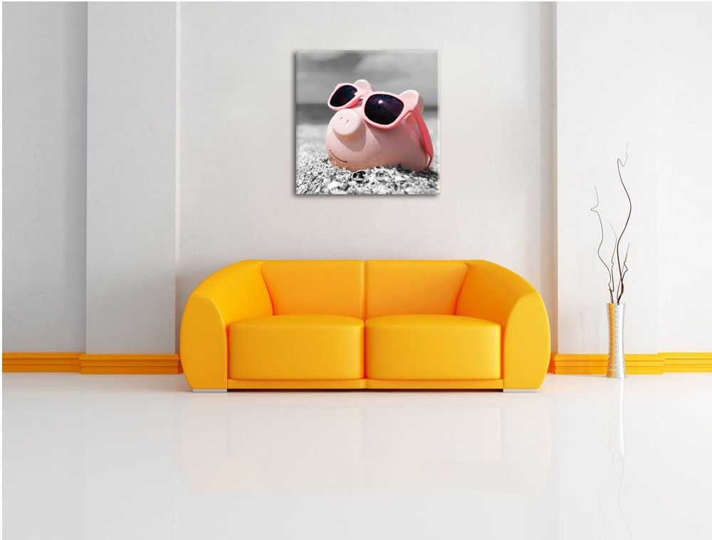 Pixxprint Cooles Sparschwein mit Sonnenbrille am Strand schwarz/weiss, Format: 70x70 auf Leinwand, 7