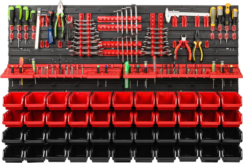 Lagersystem Werkstattregal | 115 x 78 cm | 44 stck. Box | Wandregal mit Werkzeughalterungen und Stap