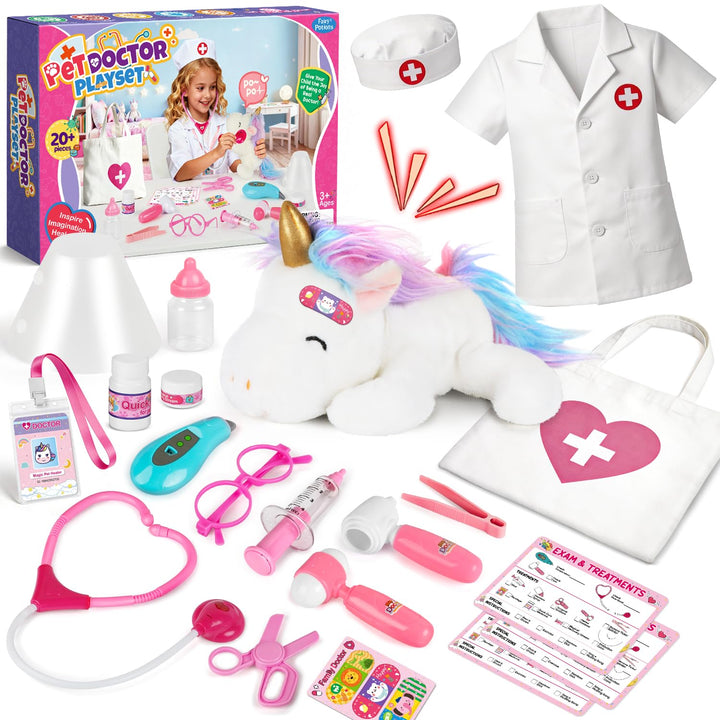 Kinder Arztkoffer, Tierarzt Spielzeug Set mit Plüsch Einhorn & Arztkittel, Rollenspiel für Kinder ab
