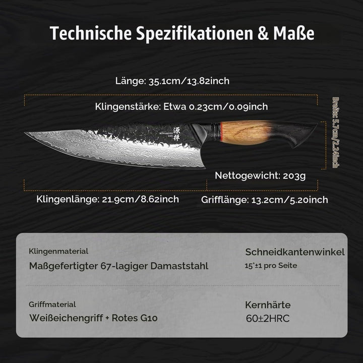OKAMI Damastmesser Chefmesser 21,9 cm – Handgeschmiedetes japanisches Küchenmesser aus echtem Damast