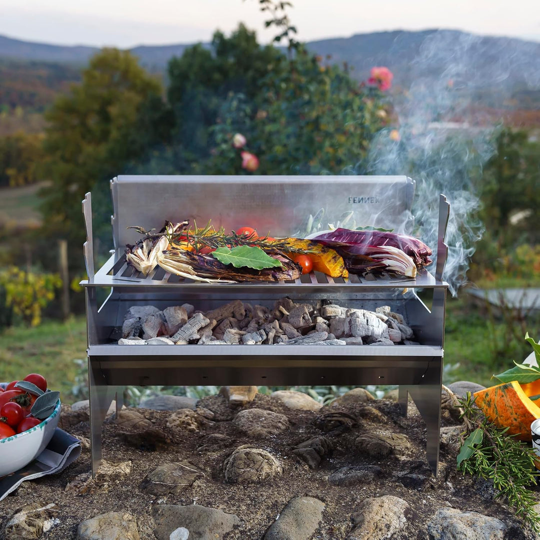 FENNEK 2.0 | Mobiler und steckbarer Holzkohle-Grill aus Edelstahl für Camping, Trekking, Vanlife, Ga