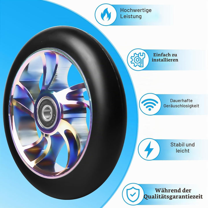 2Stück Stunt Scooter Rollen 110 mm, Bunt Scooter Ersatzräder, 88A Rollerräder für Stunt mit ABEC-9 L