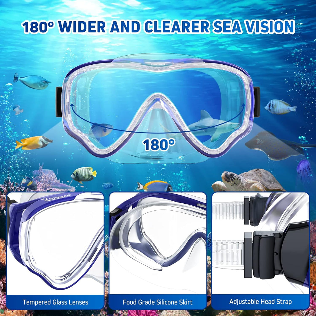 UPhitnis Schnorchelset Kinder mit Flossen,Anti-Fog 180°Panorama Taucherbrille Kinder, Verstellbaren