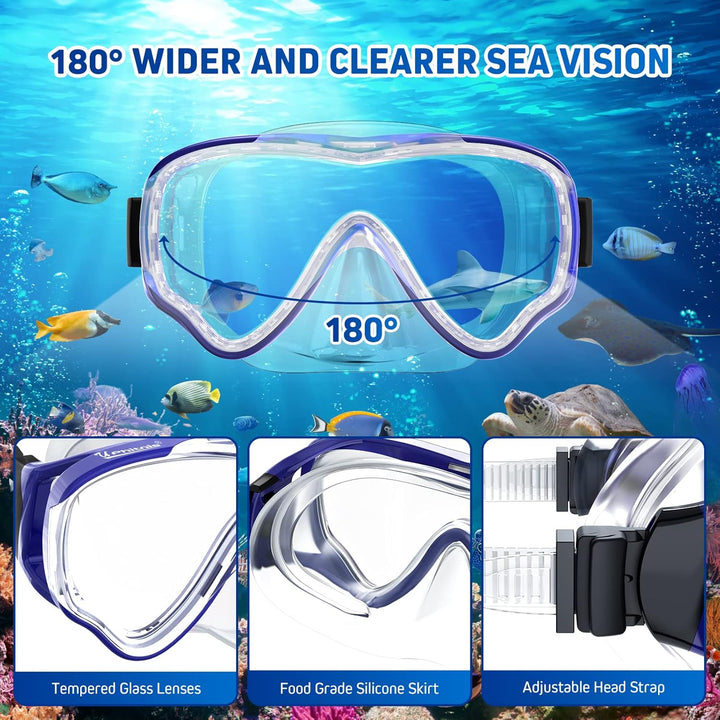 UPhitnis Schnorchelset Kinder mit Flossen,Anti-Fog 180°Panorama Taucherbrille Kinder, Verstellbaren
