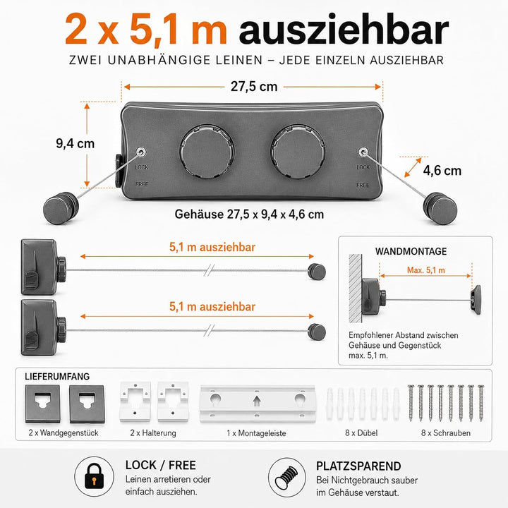 QHENS Wäscheleine Balkon Ausziehbar Wandmontage, 2 x 5m Einziehbare Wand Wäscheleine, Unsichtbare Wä