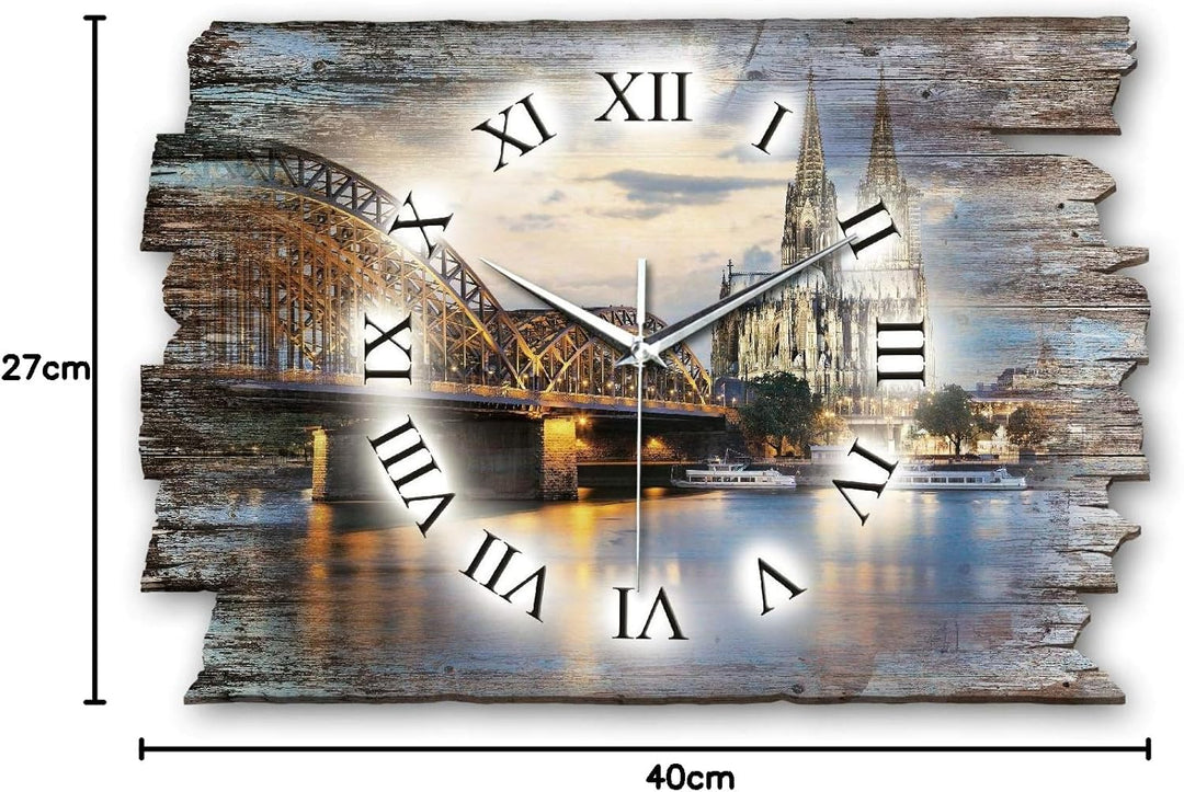 Kreative Feder Köln Skyline Landhaus Shabby Designer Wanduhr Funkuhr aus Holz *Made in Germany leise